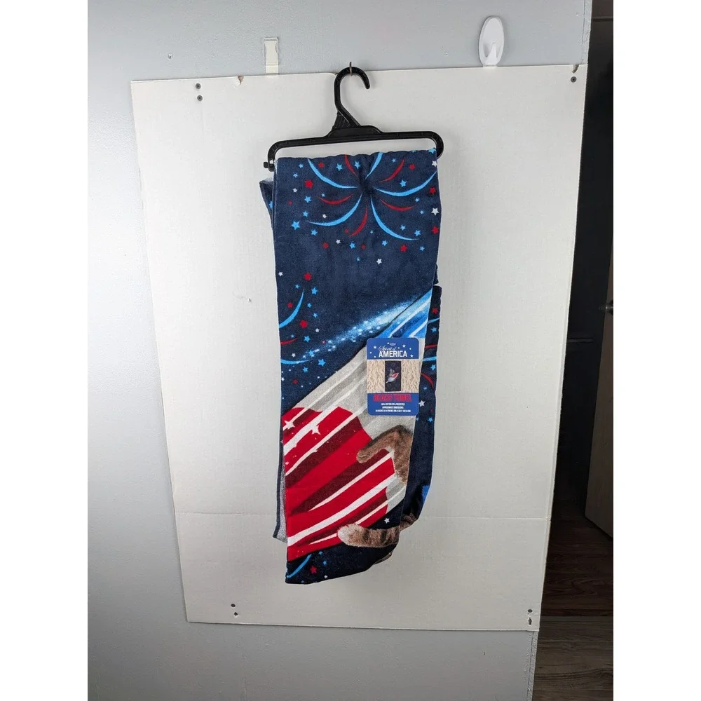 Spirit of America Patriotic Cat Rocket Beach Towel Navy Blue 34x64 New